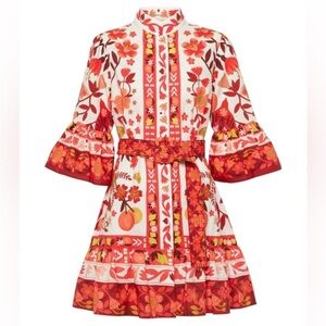 New w Tags FARM Rio Red and White Floral Long Sleeve Dress